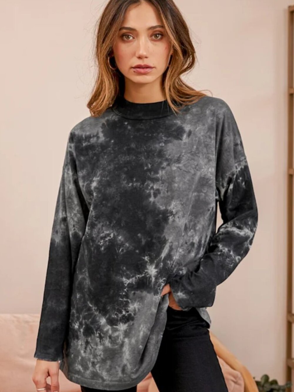 Free People Be Free Tie Dye Long Sleeve Oversized Tee Charcoal Combo Sz XL